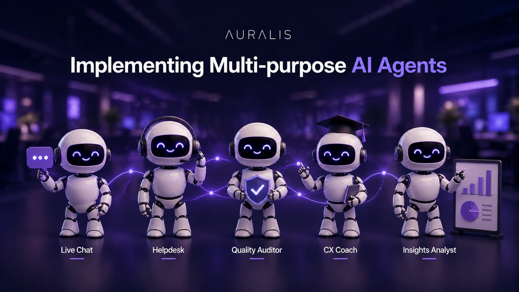 coordinated team of friendly Auralis AI robot mascots in a modern office, representing specialist roles like live chat, helpdesk, quality, coaching, and insights, illustrating how to implement multi-purpose AI agents
