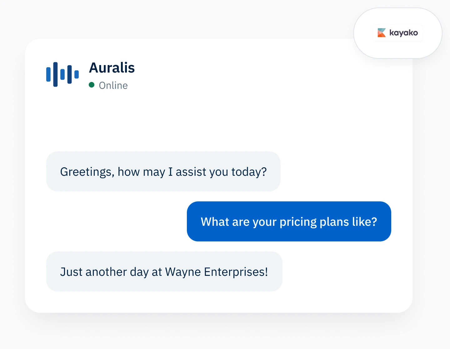 The Auralis chat widget answering a customer, connected to Kayako