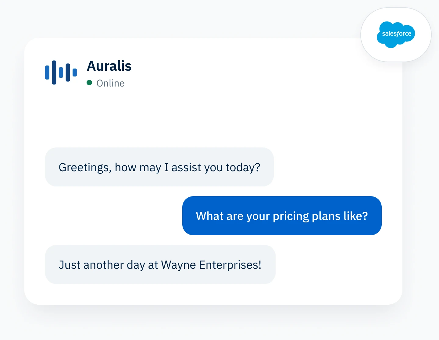 The Auralis chat widget answering a customer, connected to Salesforce