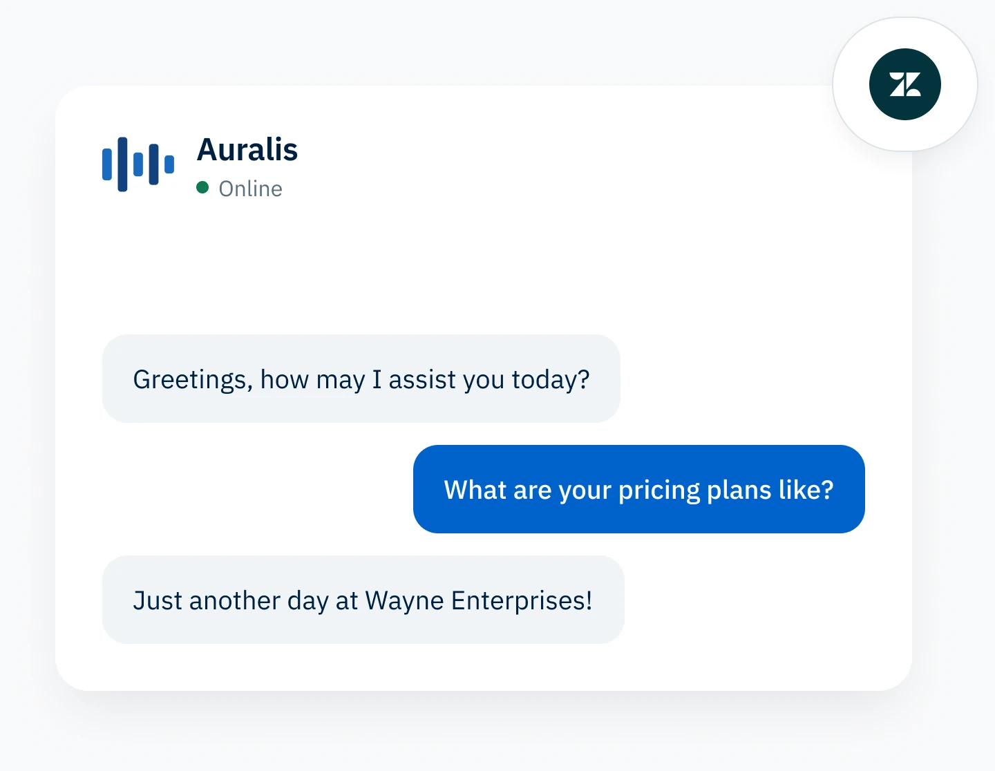 The Auralis chat widget answering a customer, connected to Zendesk